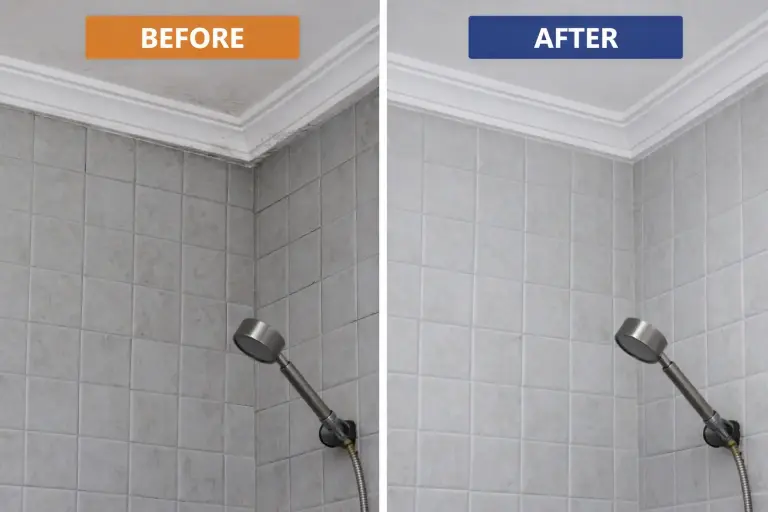 Project Gallery 3 Before and after comparison of bathroom mold removal near ceiling and shower area