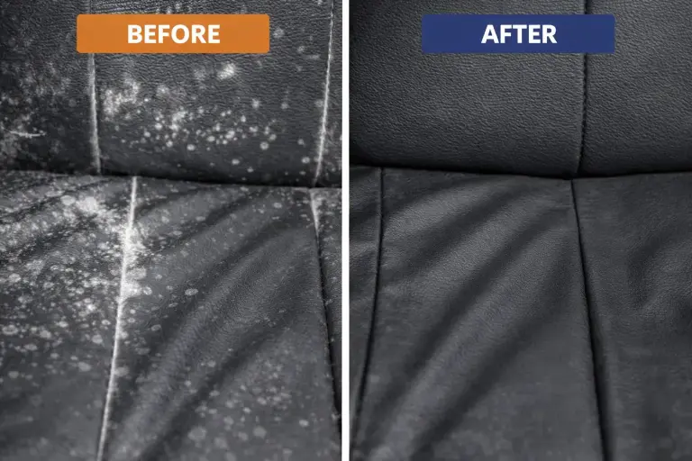 Project Gallery 4 Before and after image of mold contamination on a window sill following professional cleaning and moisture control