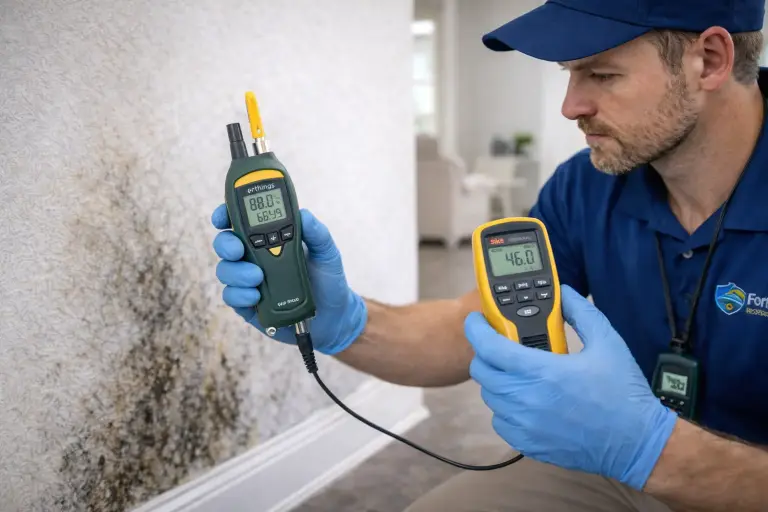 Mold inspector using hygrometer and psychrometer to measure humidity, temperature, and moisture conditions that contribute to mold growth inside a home