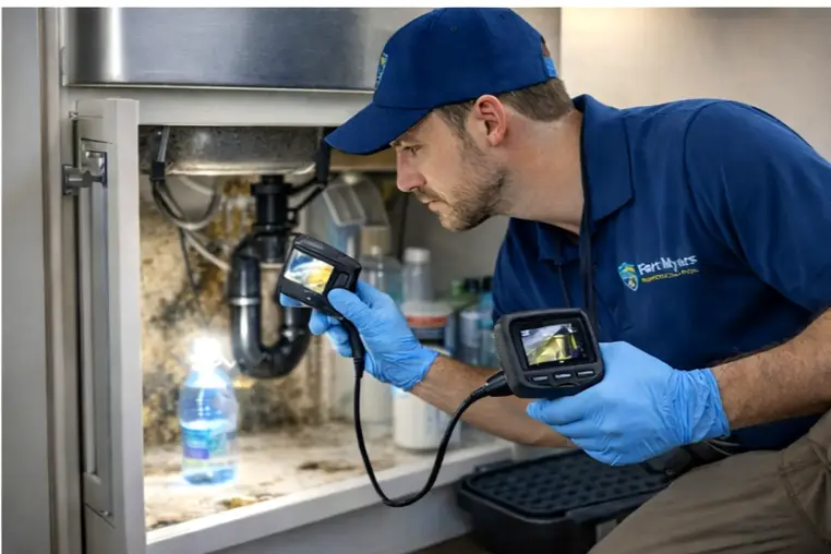 Mold inspection under kitchen sink identifying moisture issues and potential mold growth around plumbing