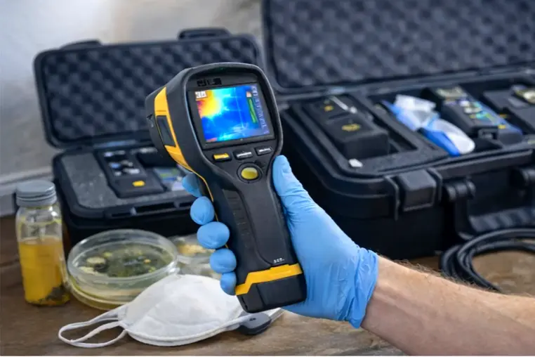Mold inspection equipment including thermal imaging camera and air sampling tools used to detect hidden moisture and mold