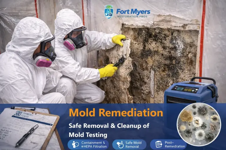 Mold remediation fort myers. Certified mold remediation technicians in protective PPE removing contaminated wall materials using containment and HEPA air filtration equipment in Fort Myers.