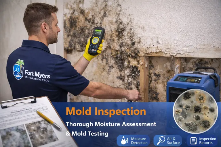 Professional mold inspection technician using a moisture meter to assess hidden mold and water damage behind walls in a Fort Myers property.