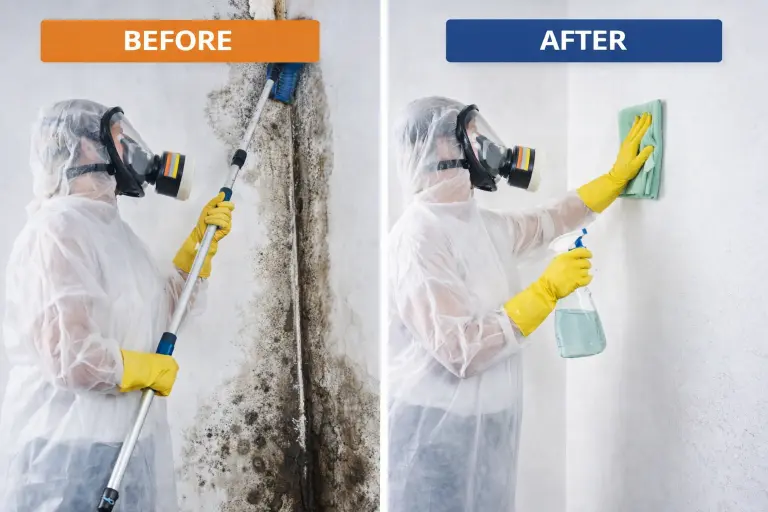 Project Gallery 1 Before and after view of mold removal fort myers from an interior wall using professional remediation methods