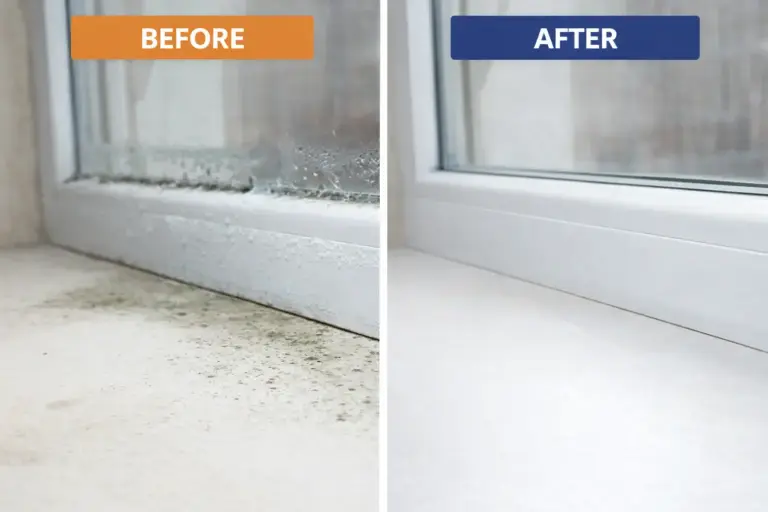 Before and after image of mold contamination on a window sill following professional mold cleaning and moisture control.