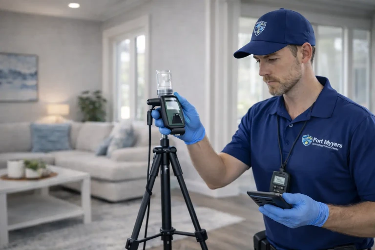 Certified technician performing indoor air quality testing using a calibrated air sampling pump inside a residential living area.