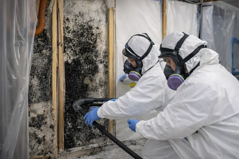 Black Mold Removal Services 1 Black mold removal experts using HEPA vacuum equipment to extract mold from contaminated wall cavities.