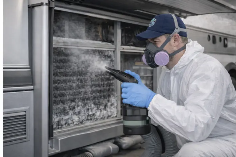 HVAC Mold Remediation Services 2 HVAC mold remediation technician wearing full PPE while removing mold from an HVAC unit