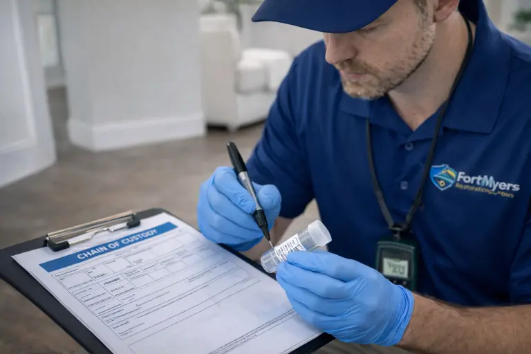 Mold Testing & Laboratory Analysis 1 Professional mold testing technician labeling a mold sample vial and completing chain of custody documentation in a Fort Myers home