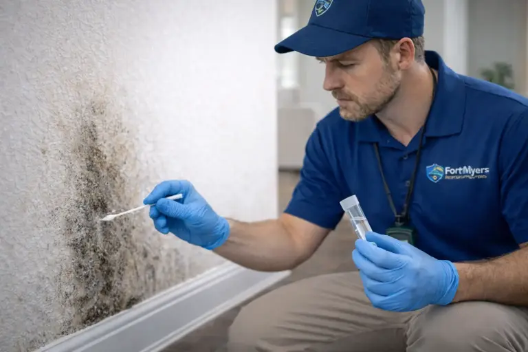 Mold Testing & Laboratory Analysis 2 Mold testing professional collecting a surface mold sample from a wall using a swab and sample vial during a home mold test